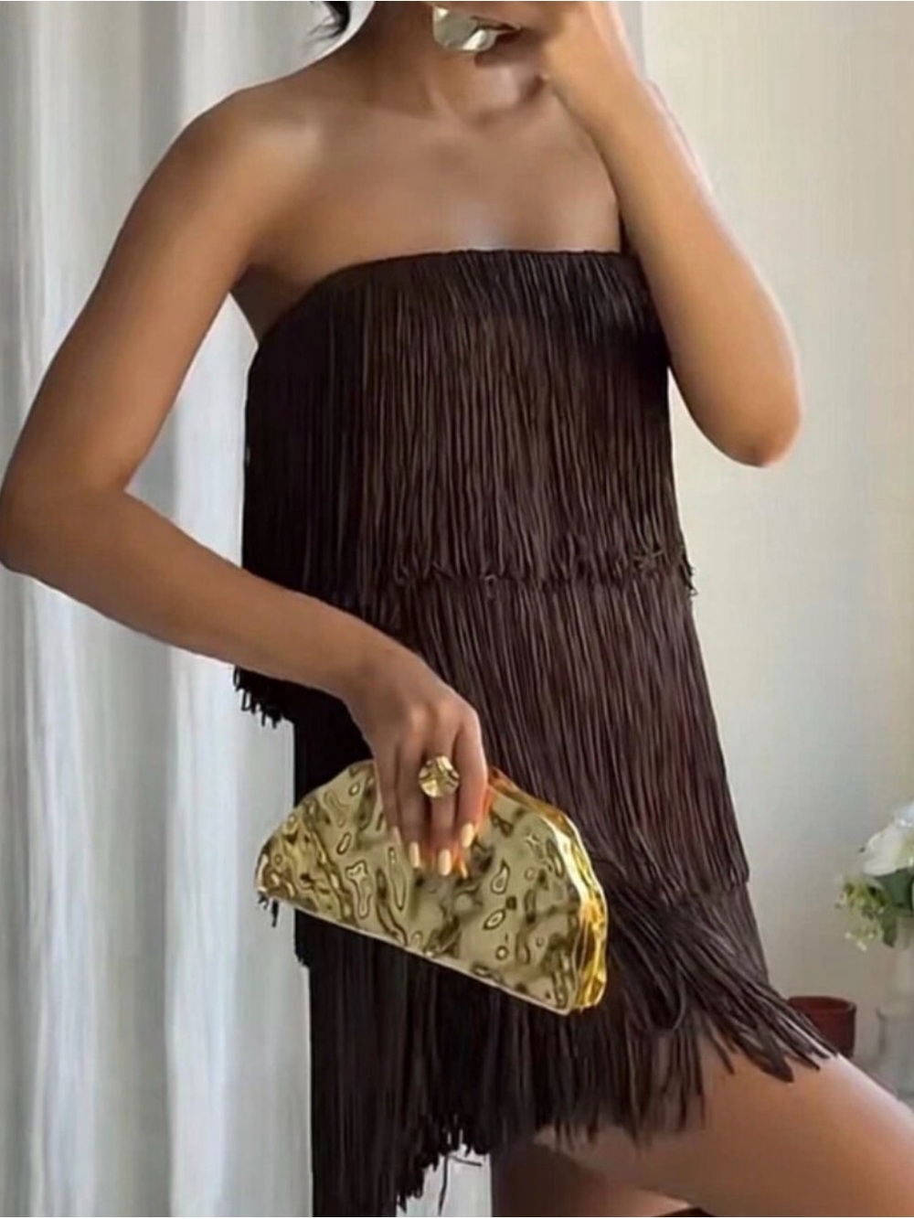 Zara Strapless Fringe Mini Dress in Dark Brown